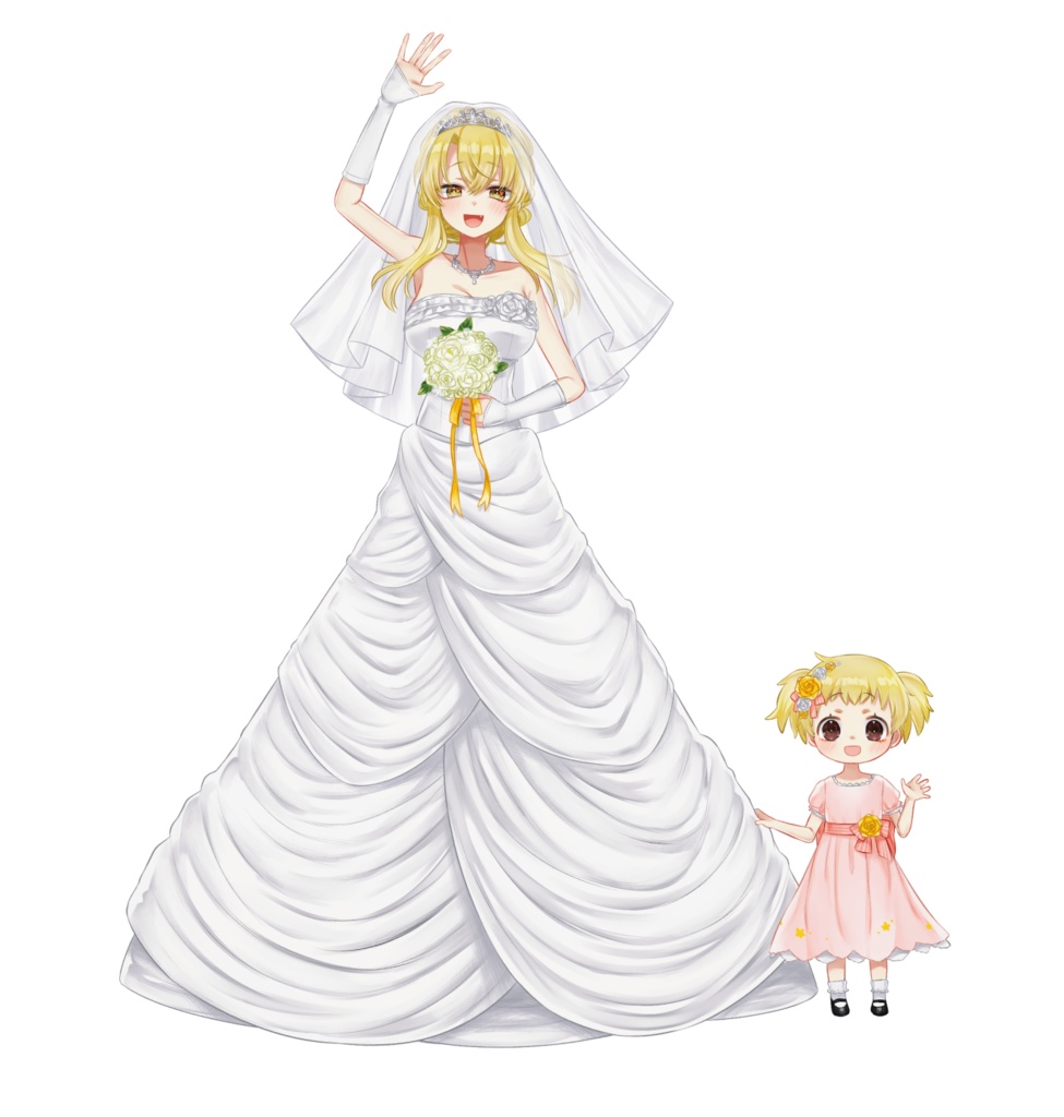 活動3周年記念🦋ウェディングドレス花とパーティドレス娘まめちゃん 10cm特大アクリルフィギュア