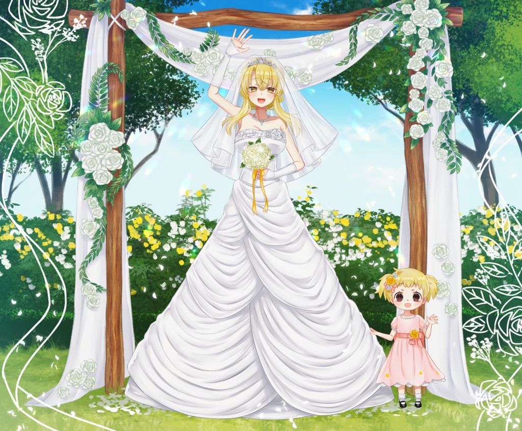 活動3周年記念🦋ウェディングドレス花とパーティドレス娘まめちゃん 10cm特大アクリルフィギュア