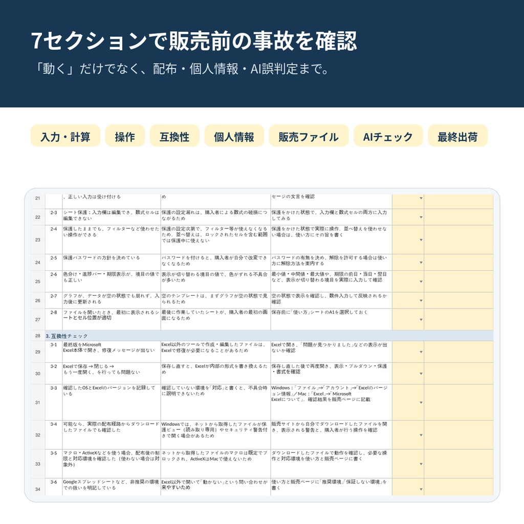 【Excel】テンプレート販売・納品前 最終QAチェックリスト|44項目+上級3項目