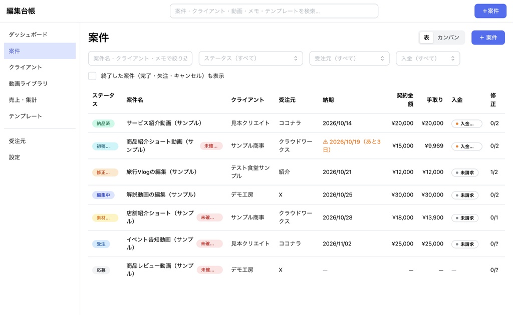編集台帳|動画編集の案件・売上管理Macアプリ【Apple シリコン(M1以降)専用】