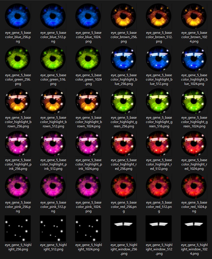 【汎用データ】瞳テクスチャ001(1種・5色・3サイズ・ハイライト分離)