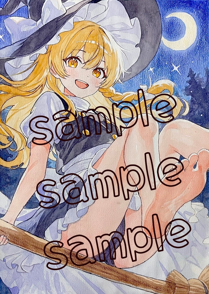東方Project 霧雨魔理沙 「月下の魔法使い」【A4高解像度】オリジナル水彩イラスト|高画質データ|A4|約400dpi|3307×4631px