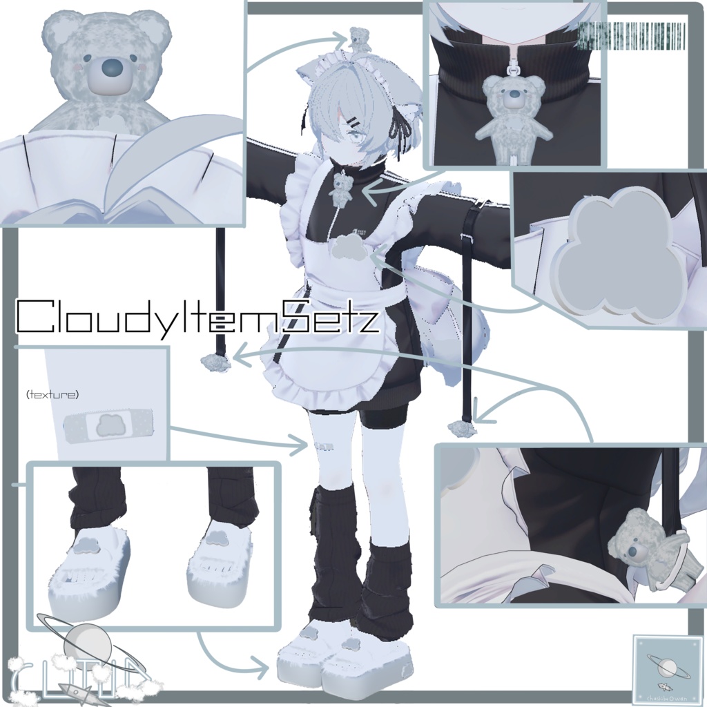 ☁【真冬ちゃん向け】CloudyItemSetz(ミニくまぬいぐるみ達、厚底風もふもふサンダル、雲ピン、雲絆創膏 セット)☁