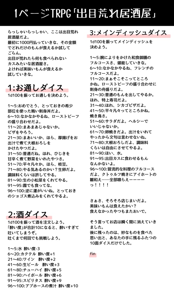 1ページTRPG｢出目荒れ居酒屋｣