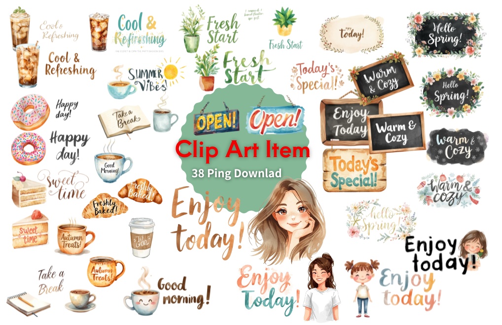 水彩タッチのカフェ風 アルファベットのキャチ入り クリップアート38点セット