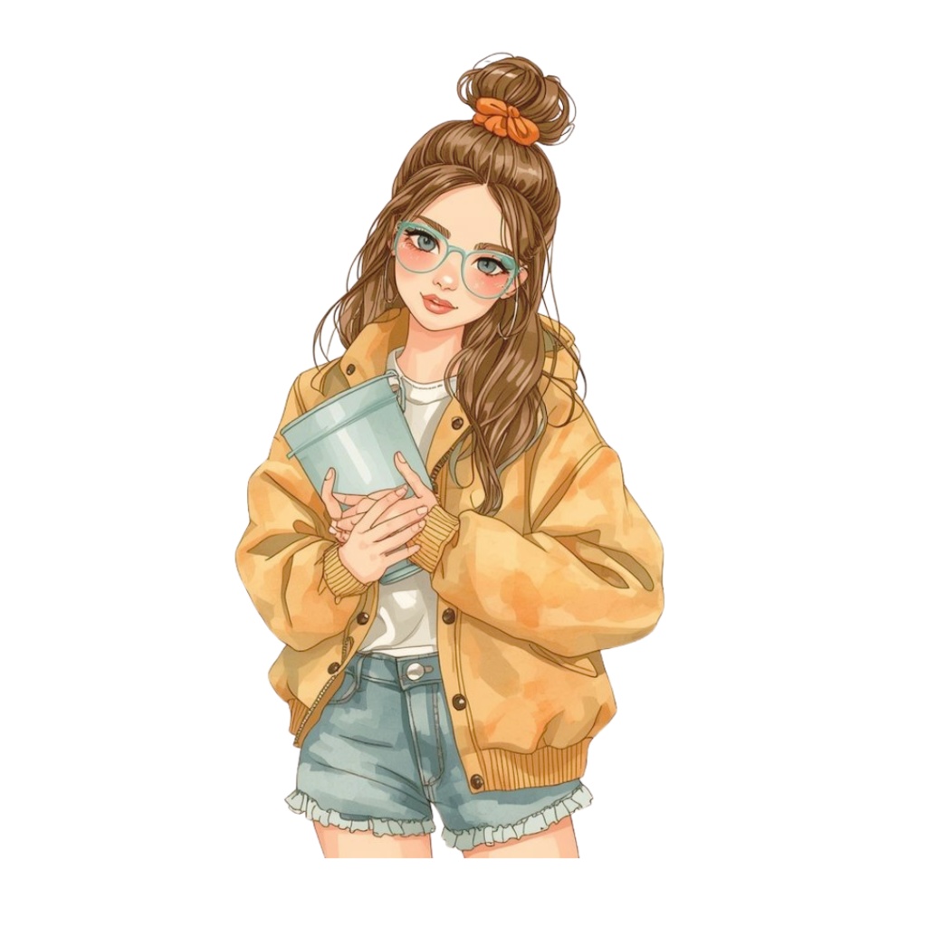 水彩タッチの ナチュラルな女の子をモチーフ、カフェ風クリップアート38点セット