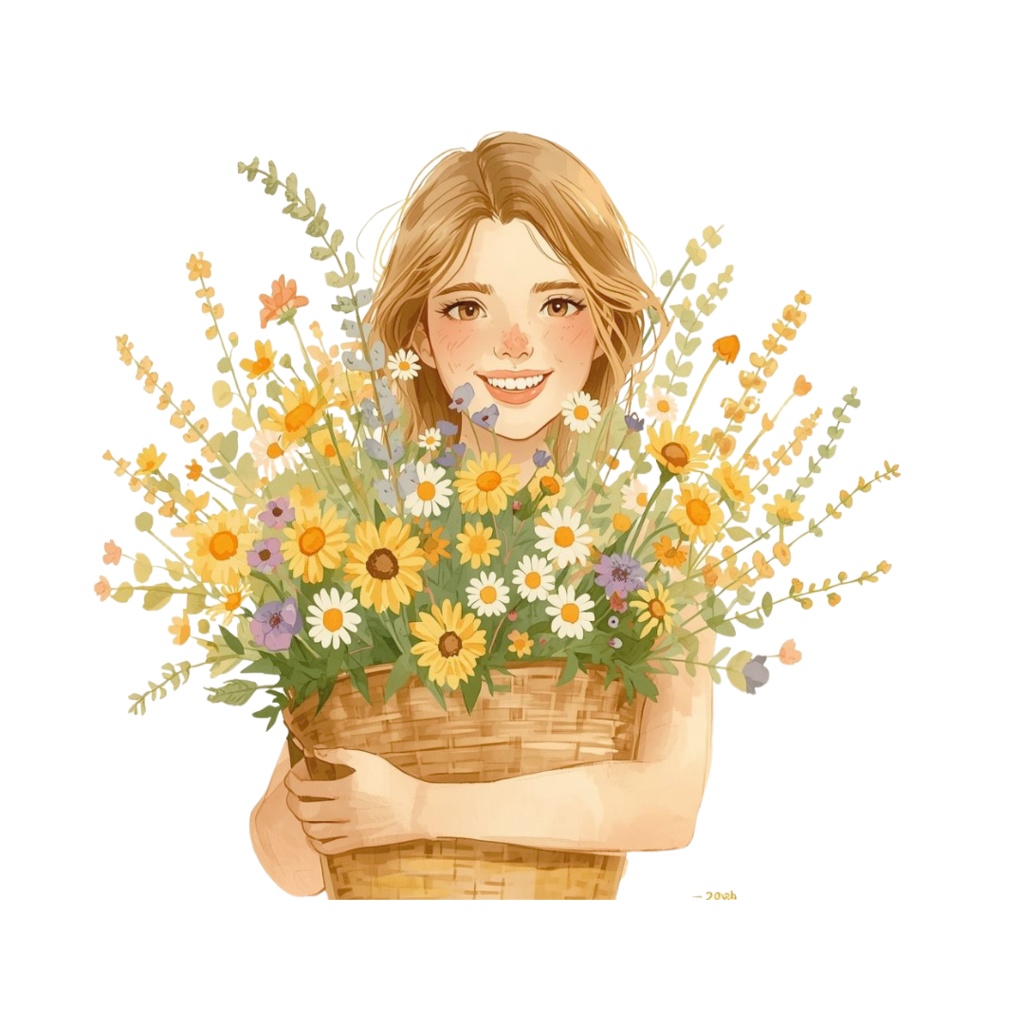 水彩タッチの ナチュラルな女の子をモチーフ、カフェ風クリップアート38点セット