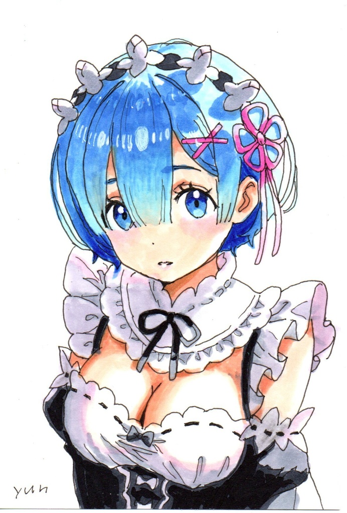 超美品！原画　リ・ゼロ　レム　ファンアート　手描きイラスト　コピック　ポストカード　はがきサイズ