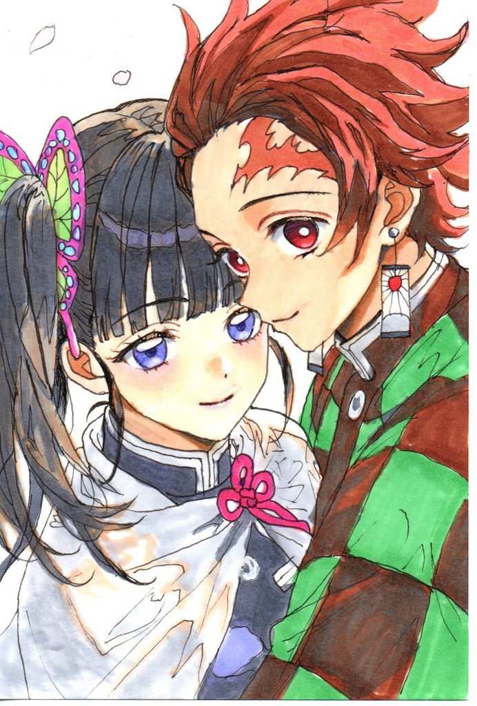 超美品!精密複製画 鬼滅の刃 竈門炭治郎 and 胡蝶カナヲ ファンアート 手描きイラスト コピック ポストカード はがきサイズ