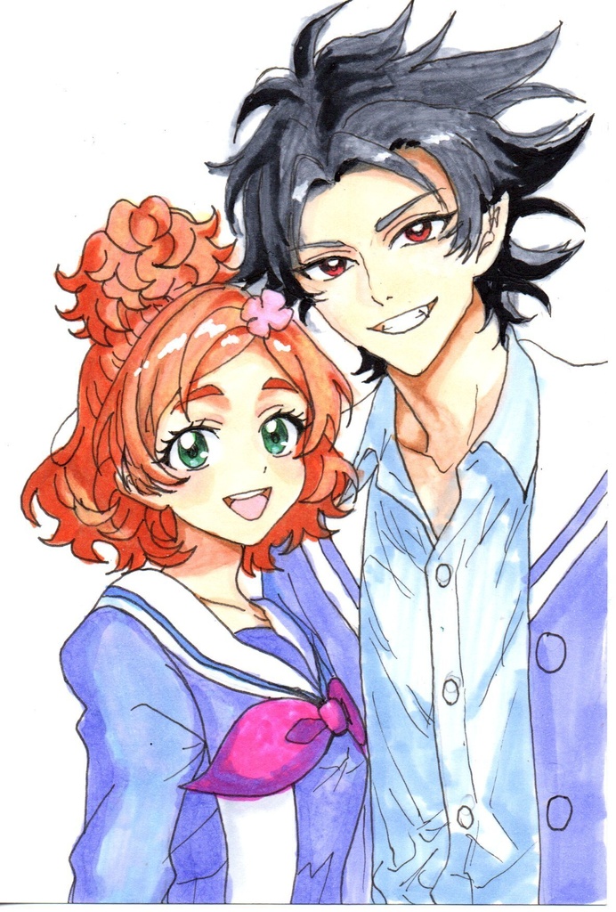 超美品!精密複製画 Goプリンセスプリキュア クロはる 黒須君 クローズ 春野はるか はるはる ファンアート 手描きイラスト コピック