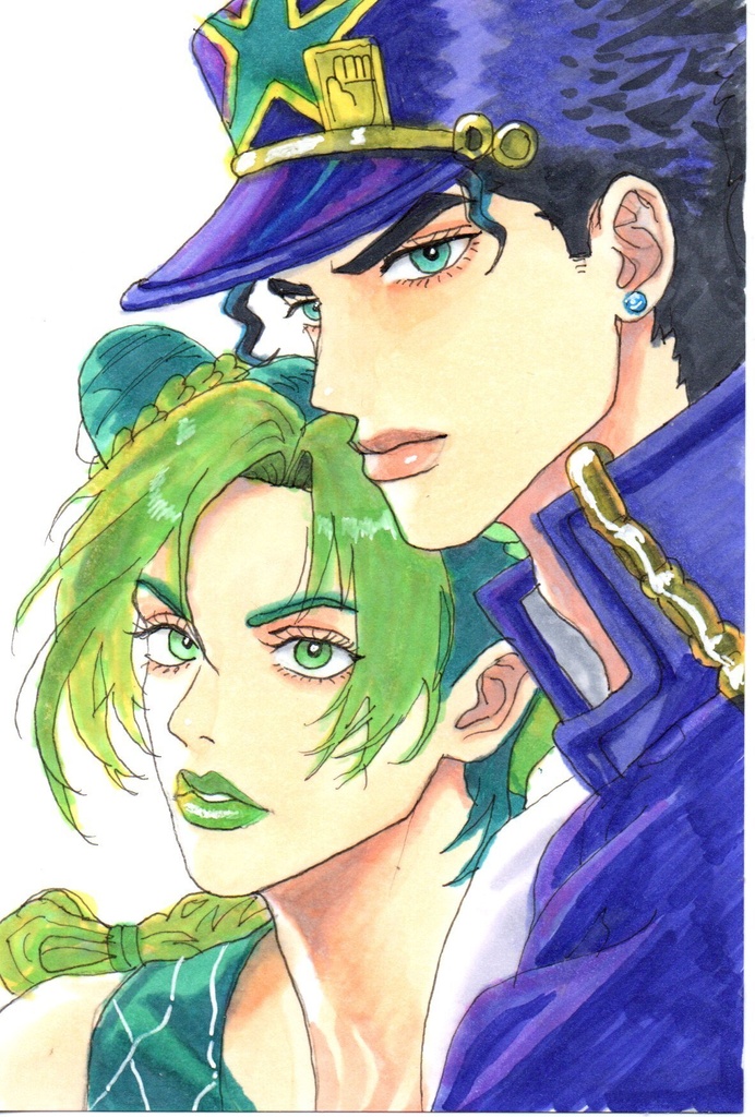 超美品!精密複製画 ジョジョの奇妙な冒険 空条徐倫 and 空条承太郎 ファンアート 手描きイラスト コピック