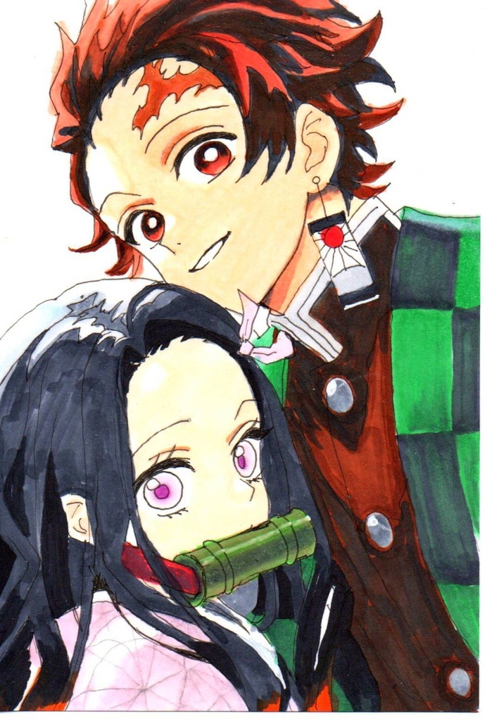 超美品!精密複製画 鬼滅の刃 竈門炭治郎 and 竈門禰豆子 ファンアート 手描きイラスト コピック