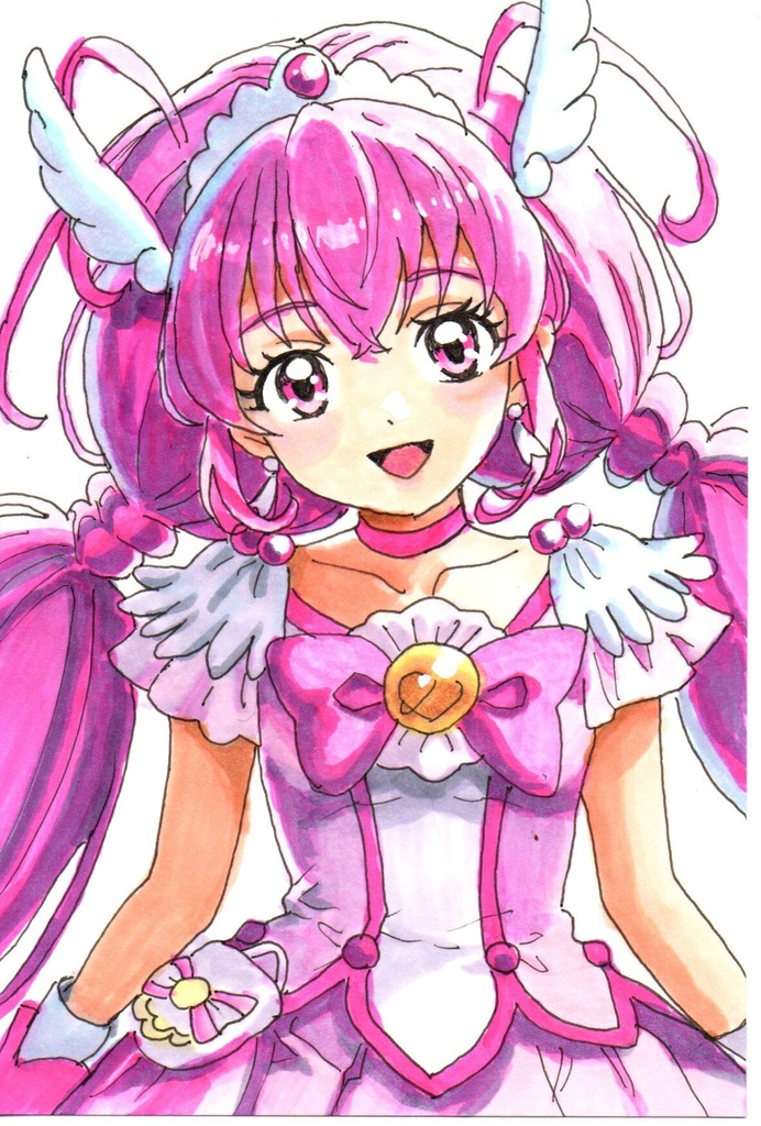超美品！原画　キュアハッピー　スマプリ　スマイルプリキュア　ファンアート　手描きイラスト　コピック　ポストカード　はがきサイズ　