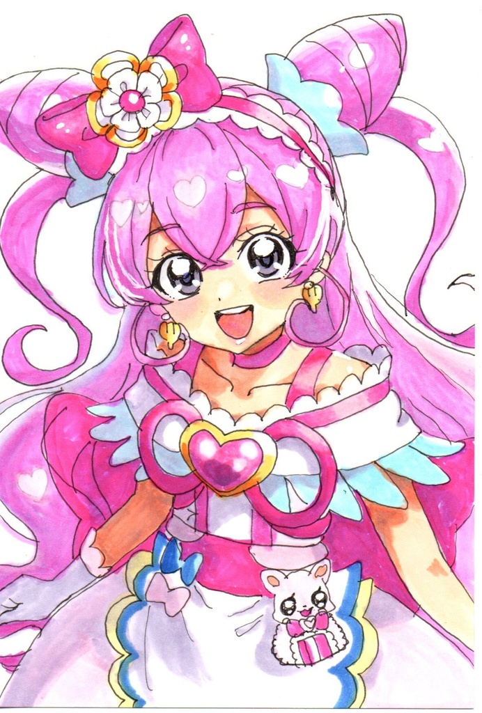 超美品！原画　キュアプレシャス　デパプリ　デリシャスパーティープリキュア　ファンアート　手描きイラスト　コピック　ポストカード　はがきサイズ　