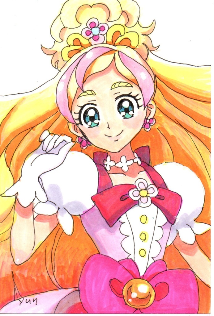 超美品！原画　キュアフローラ　Goプリ　Goプリンセスプリキュア　ファンアート　手描きイラスト　コピック　ポストカード　はがきサイズ　
