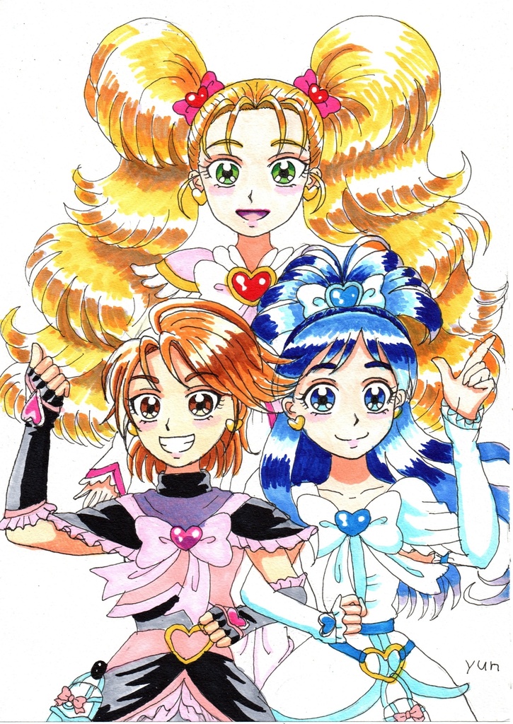 超美品！精密複製画　ふたりはプリキュアMAXハート　キュアブラック　キュアホワイト　シャイニールミナス　ファンアート　手描きイラスト　コピック