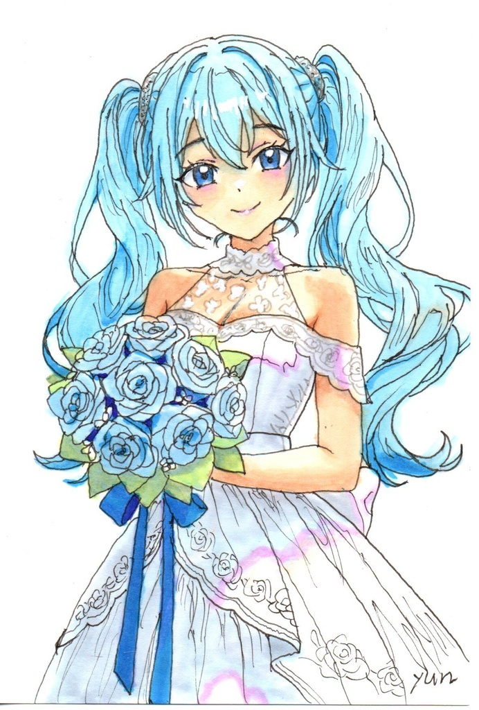 超美品!精密複製画 初音ミク ボーカロイド ウエディング ファンアート 手描きイラスト コピック