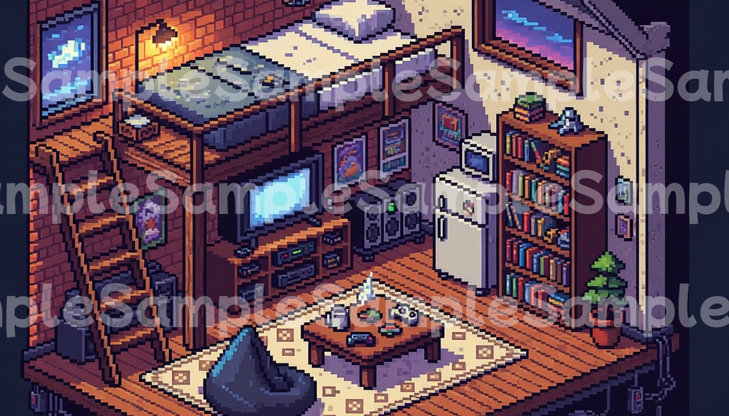 【背景素材】ドット絵で描く10種のワンルーム・パック(全79枚)|一人暮らしからゲーミング部屋まで