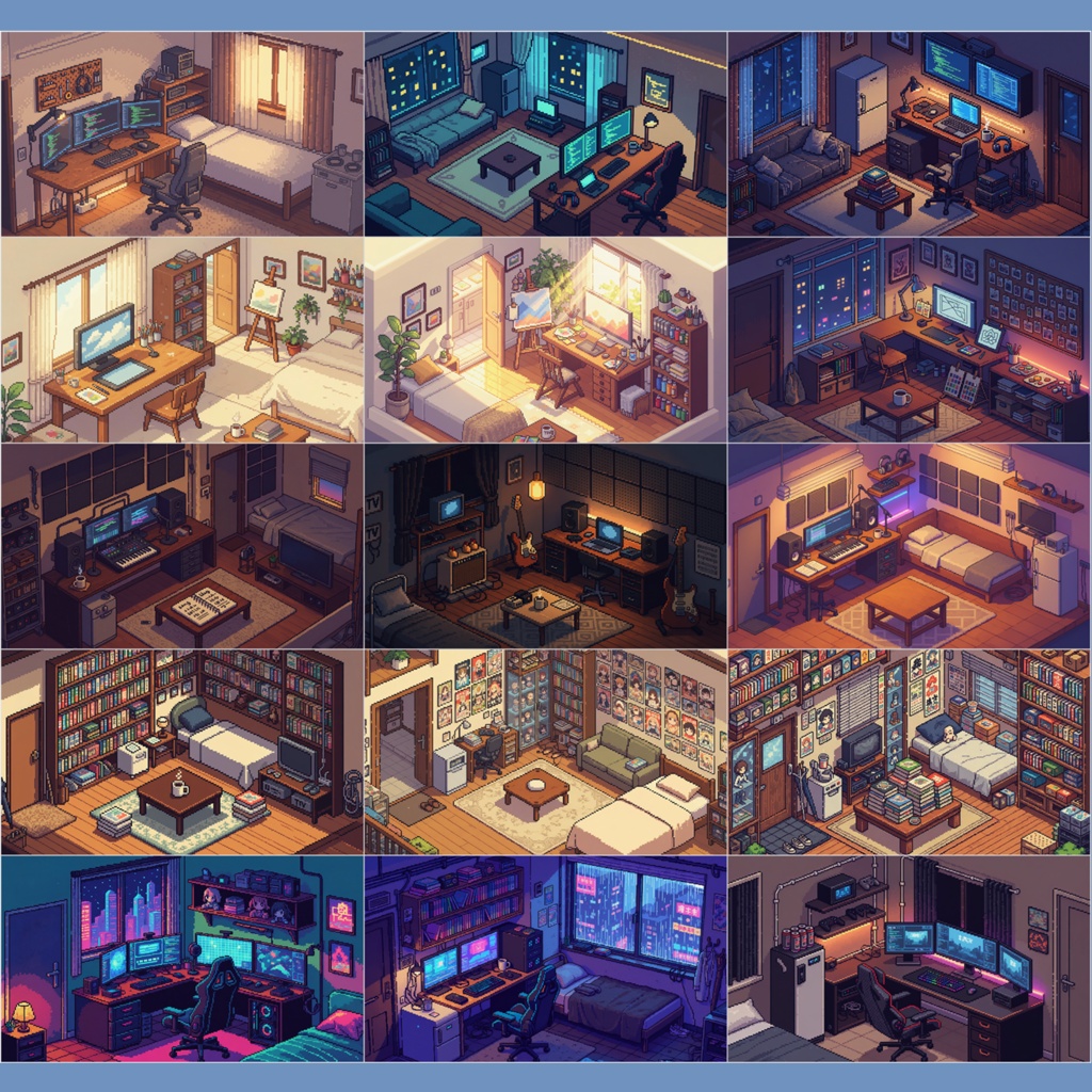 【背景素材】ドット絵で描く10種のワンルーム・パック(全79枚)|一人暮らしからゲーミング部屋まで