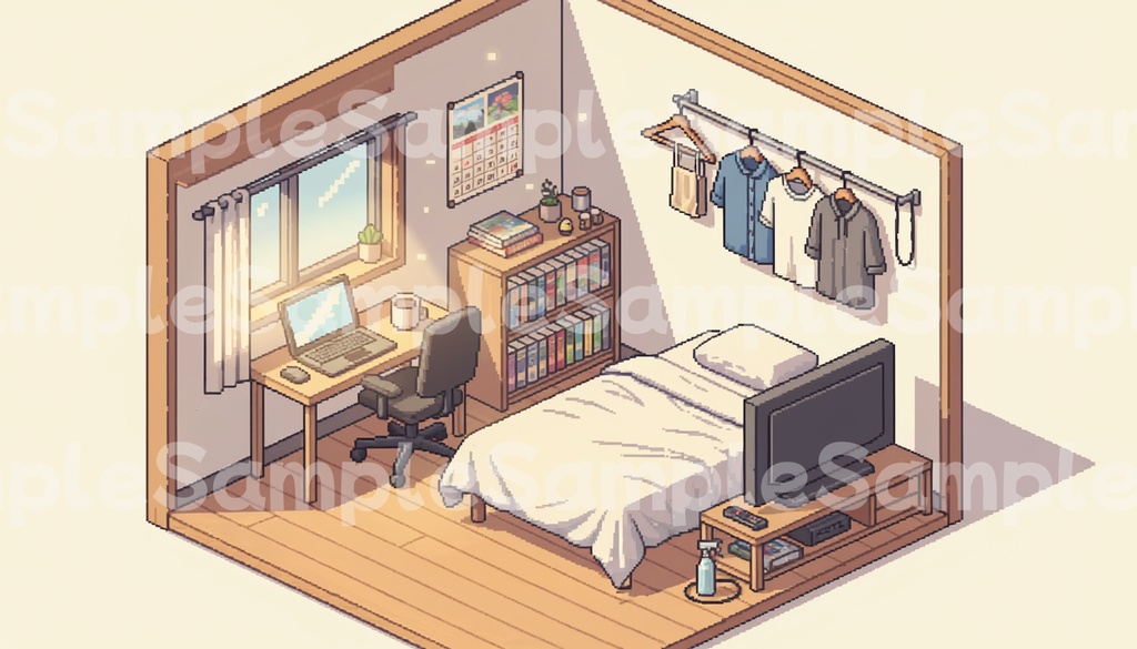 【背景素材】ドット絵で描く10種のワンルーム・パック(全79枚)|一人暮らしからゲーミング部屋まで