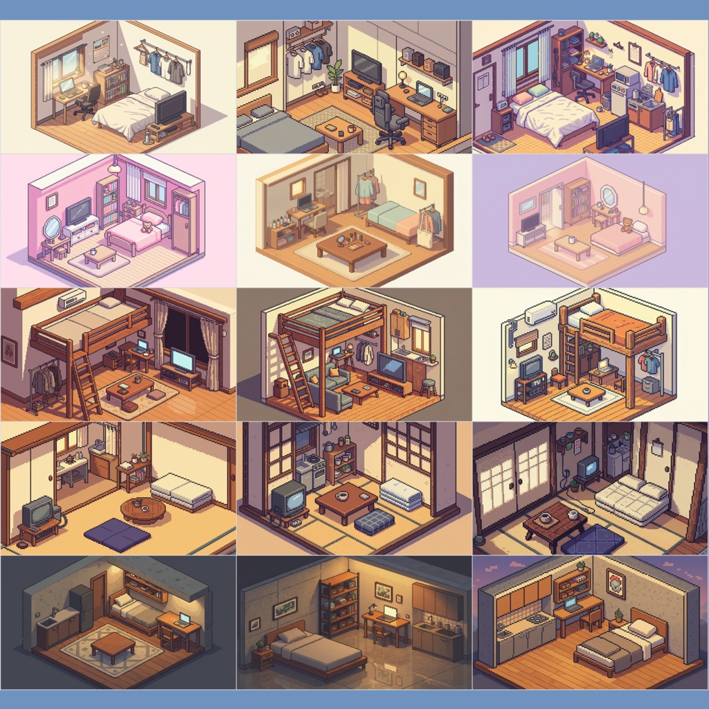 【背景素材】ドット絵で描く10種のワンルーム・パック(全79枚)|一人暮らしからゲーミング部屋まで