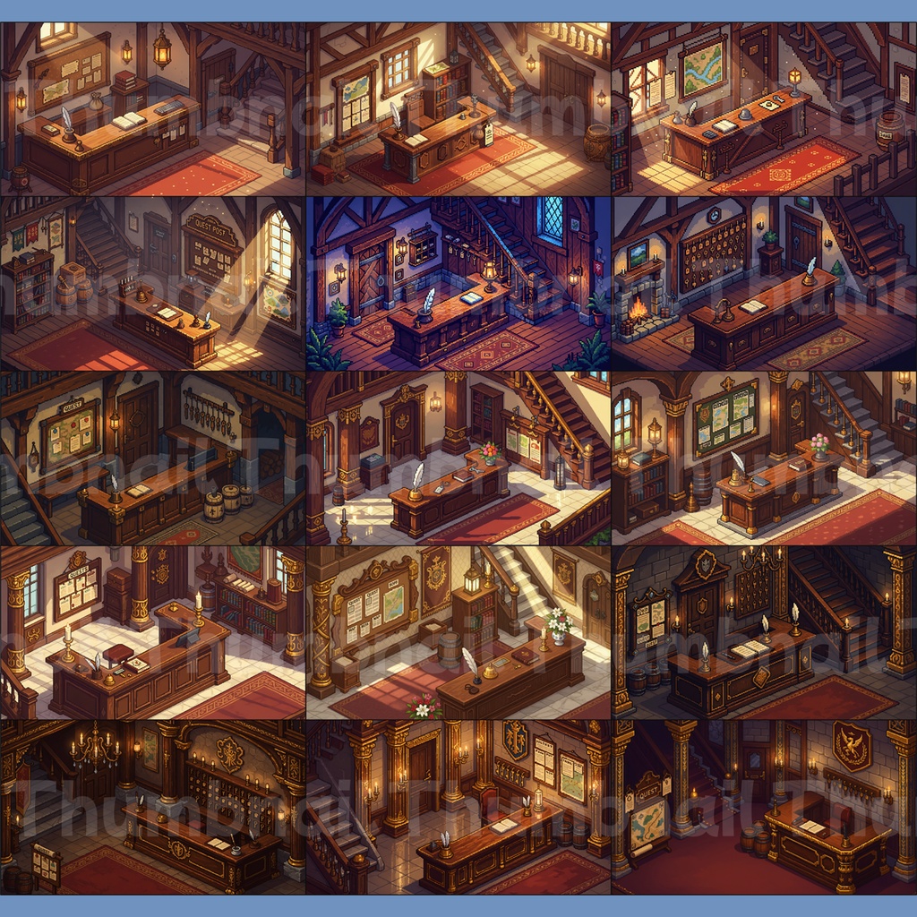 【背景素材】ドット絵|宿屋の受付・背景素材セット【全8種30枚パック】