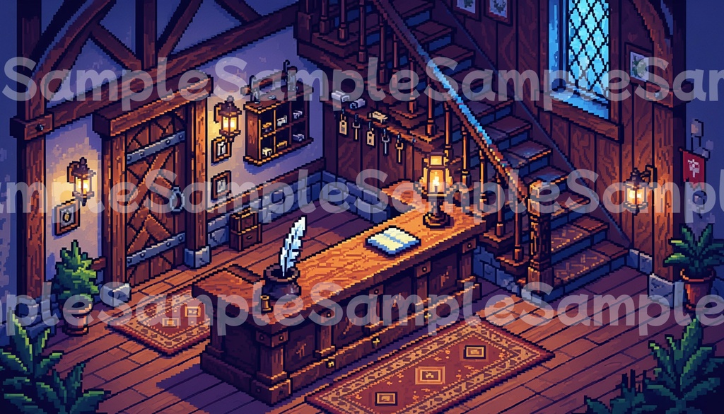 【背景素材】ドット絵|宿屋の受付・背景素材セット【全8種30枚パック】