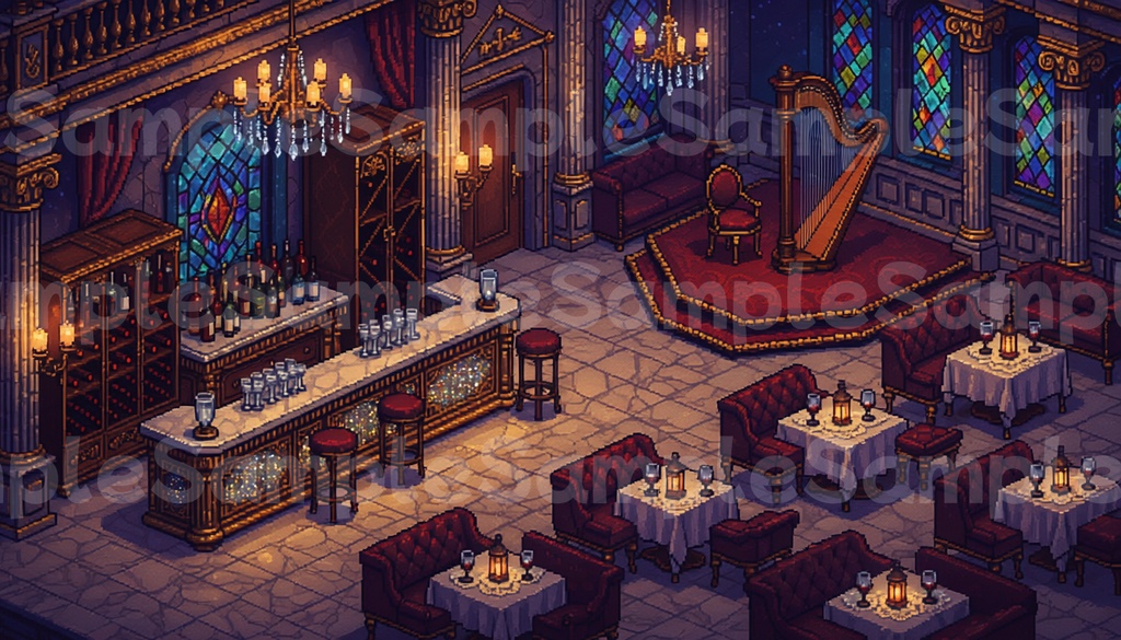 【ピクセルアート】酒場・パブの内装背景素材セット(3ランク×昼夜・廃墟)