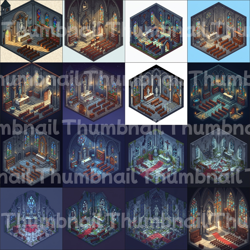 【RPG背景素材】ドット絵の教会・大聖堂 昼/夜/廃墟 全9シーン50枚パック