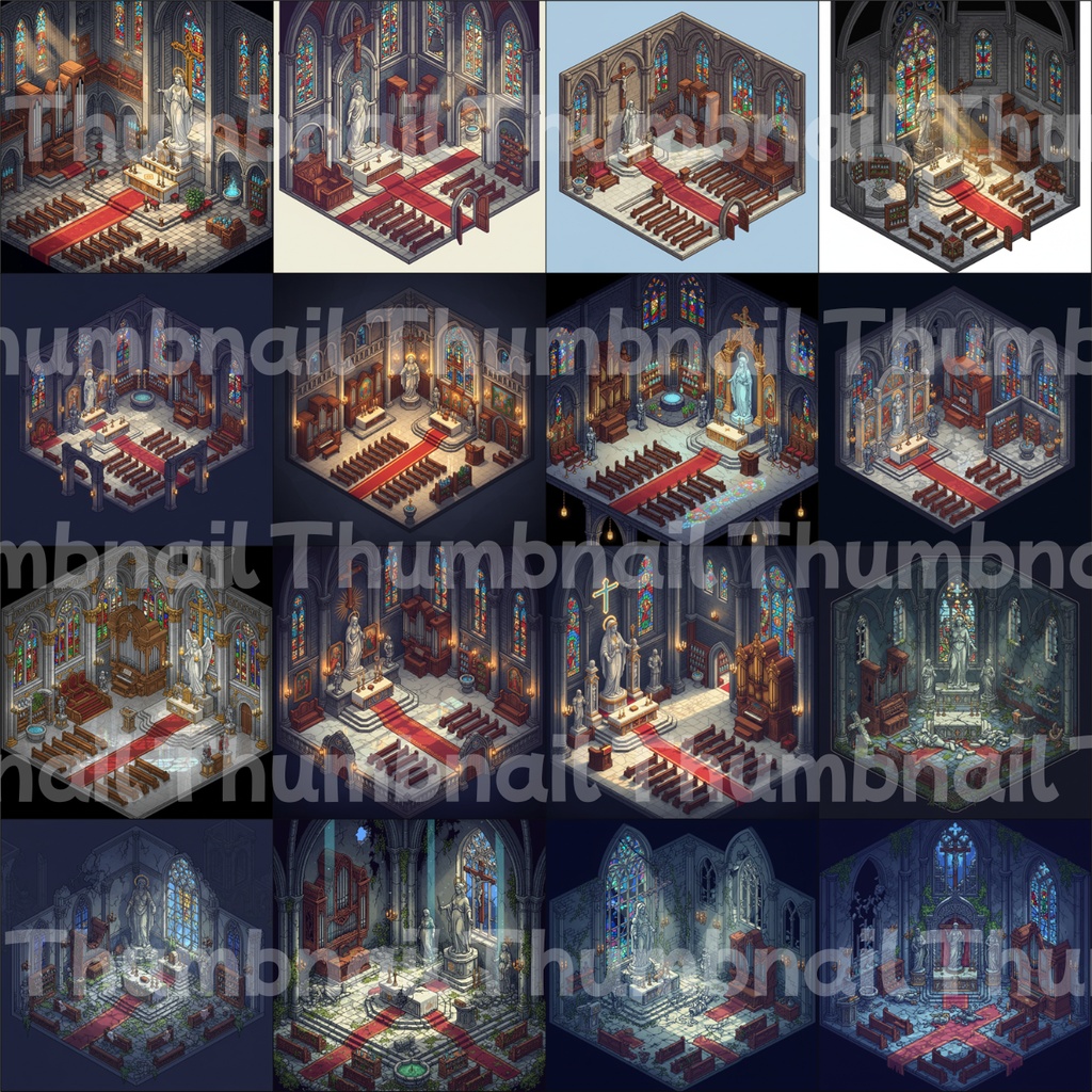 【RPG背景素材】ドット絵の教会・大聖堂 昼/夜/廃墟 全9シーン50枚パック