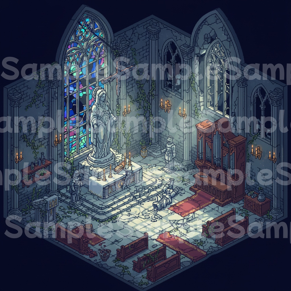 【RPG背景素材】ドット絵の教会・大聖堂 昼/夜/廃墟 全9シーン50枚パック
