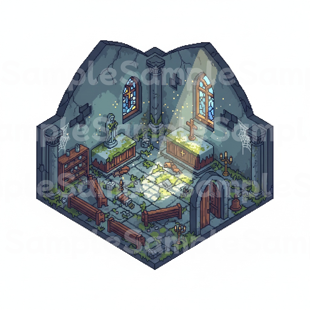 【RPG背景素材】ドット絵の教会・大聖堂 昼/夜/廃墟 全9シーン50枚パック
