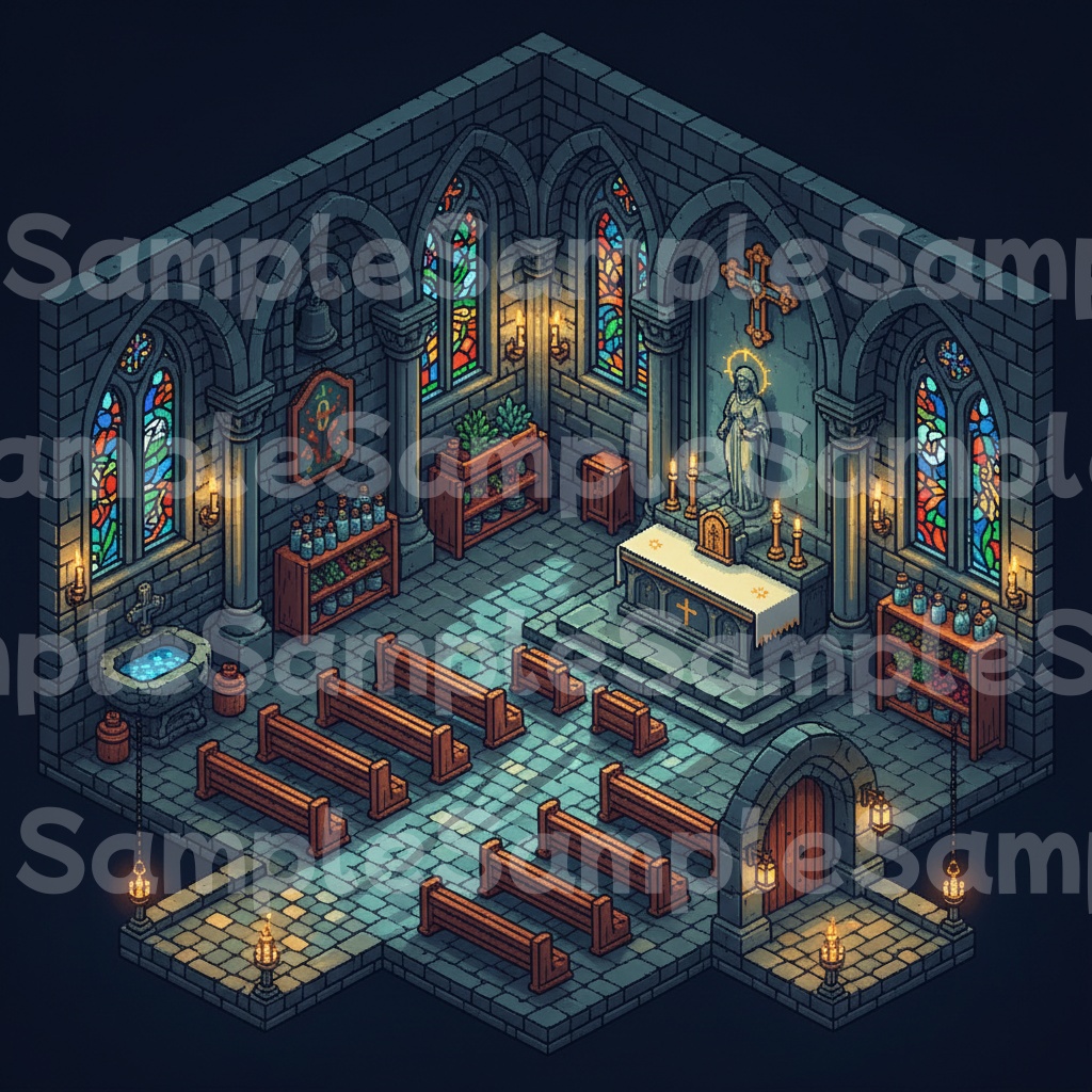 【RPG背景素材】ドット絵の教会・大聖堂 昼/夜/廃墟 全9シーン50枚パック