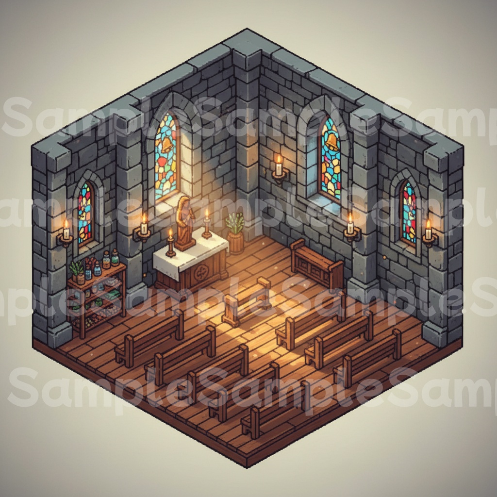 【RPG背景素材】ドット絵の教会・大聖堂 昼/夜/廃墟 全9シーン50枚パック