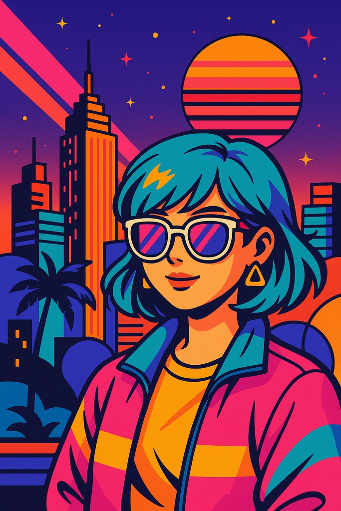 レトロフューチャー・ガール – 80sシティポップ風イラスト素材