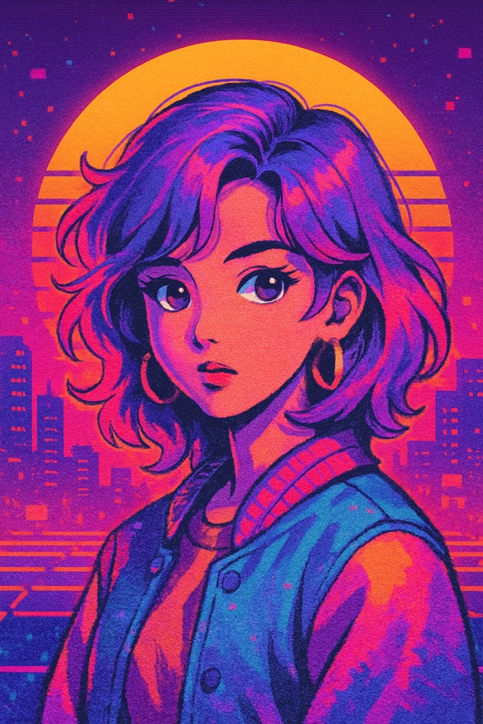 メタリックピクセル・サンセットガール – クローム×ネオン 未来的80sイラスト
