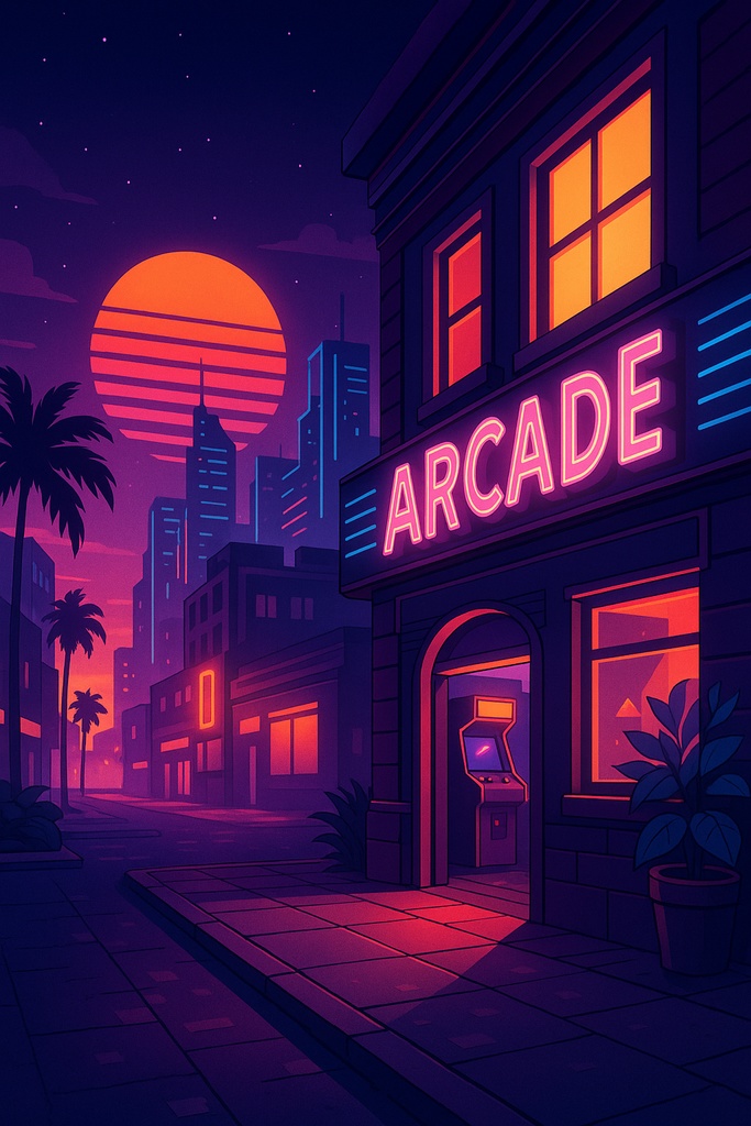 ネオンアーケード街の夕暮れ – Neon Arcade Street Sunset