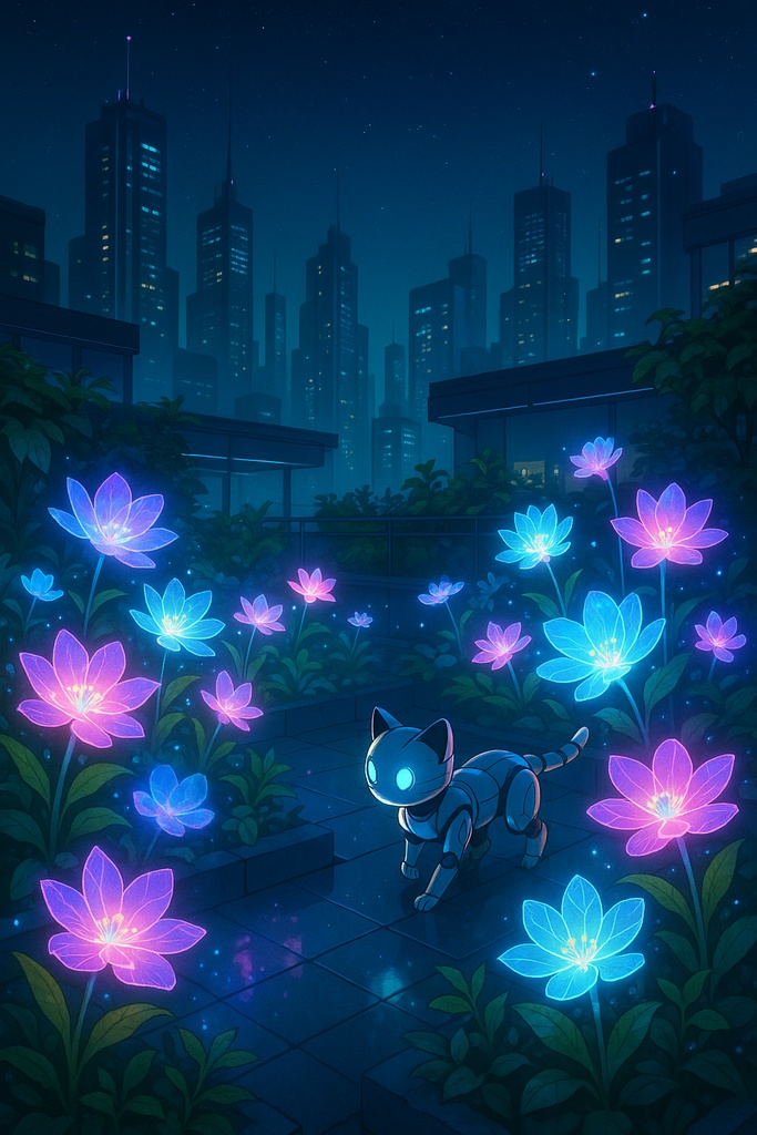ネオンフラワーとロボット猫の夜 – Neon Flowers & Robo Cat Night