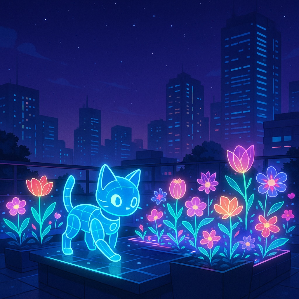 ネオンフラワーとロボット猫の夜 – Neon Flowers & Robo Cat Night 4枚セット