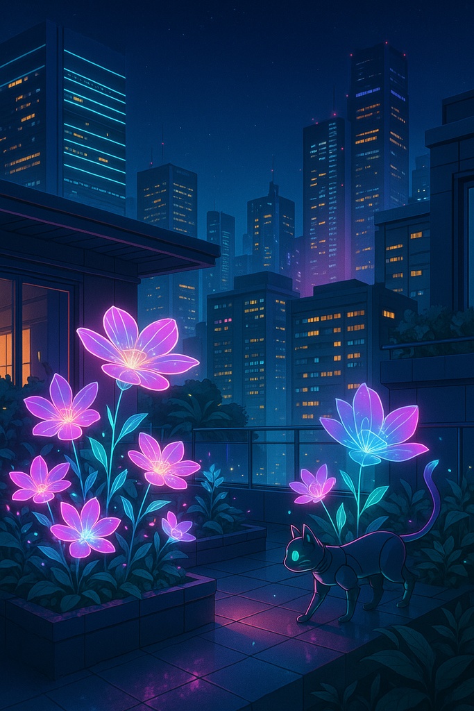 ネオンフラワーとロボット猫の夜 – Neon Flowers & Robo Cat Night 4枚セット