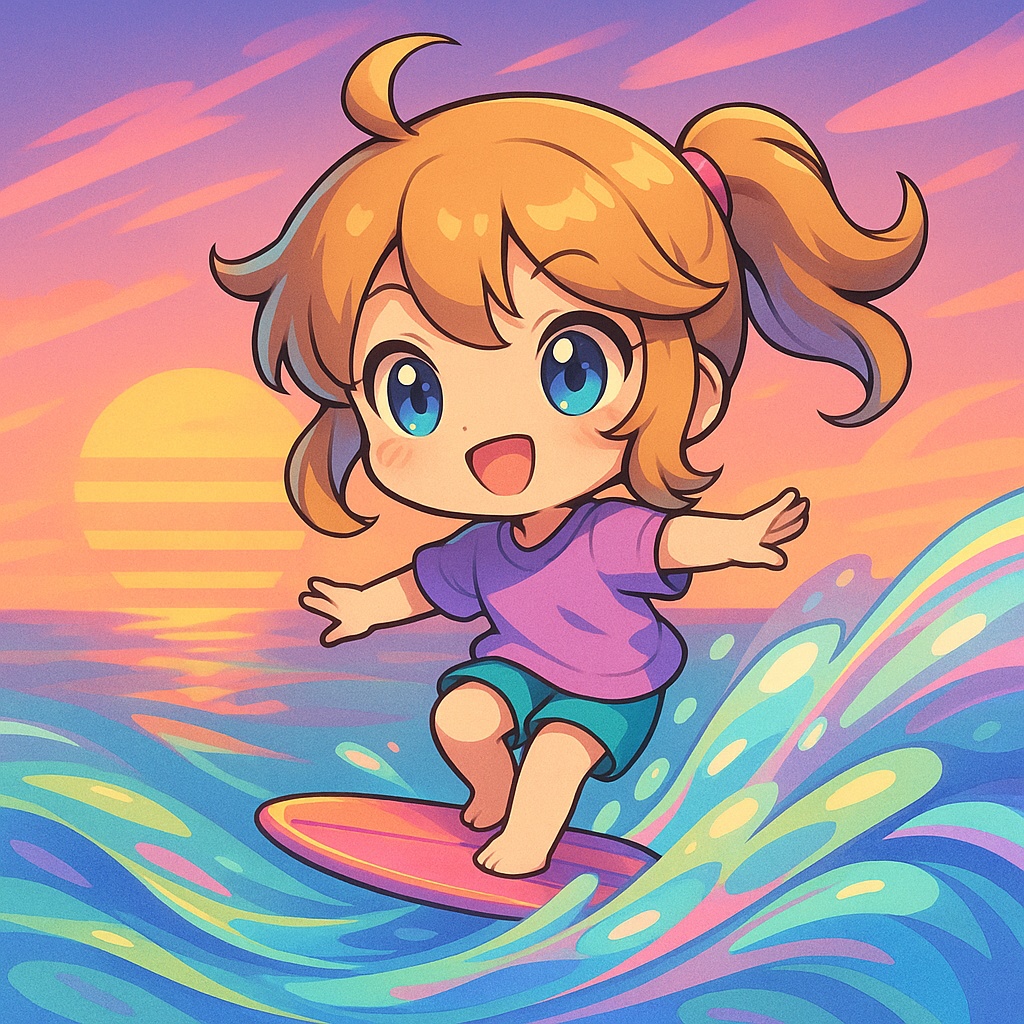 サーフィンちびキャラ(夕焼け)Surfing Chibi Girl (Sunset)