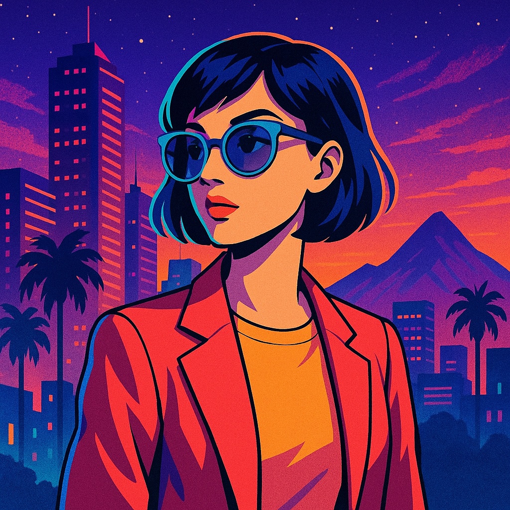 レトロフューチャー・シティポップイラストセット(ネオンサンセット&バーチャルフレンズ)