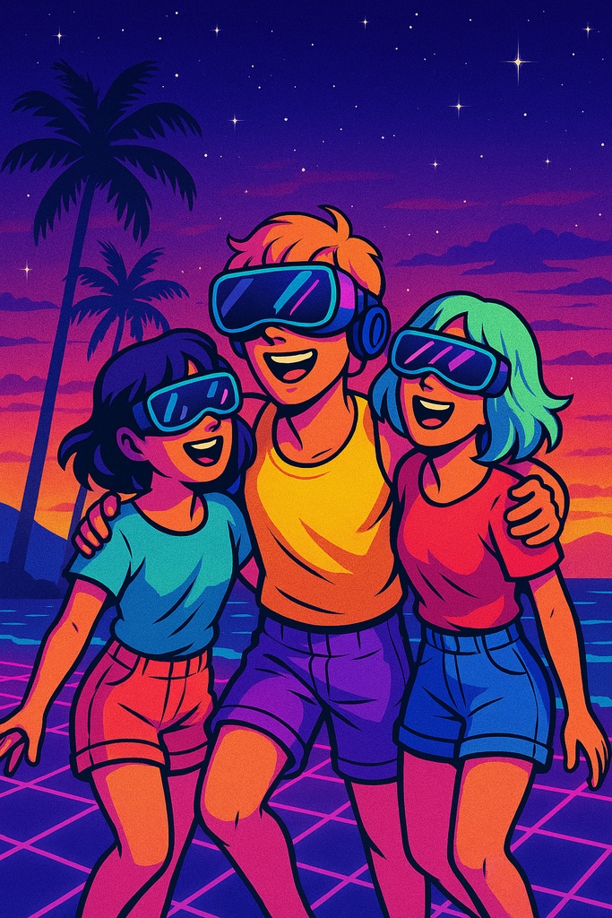 レトロフューチャー・シティポップイラストセット(ネオンサンセット&バーチャルフレンズ)