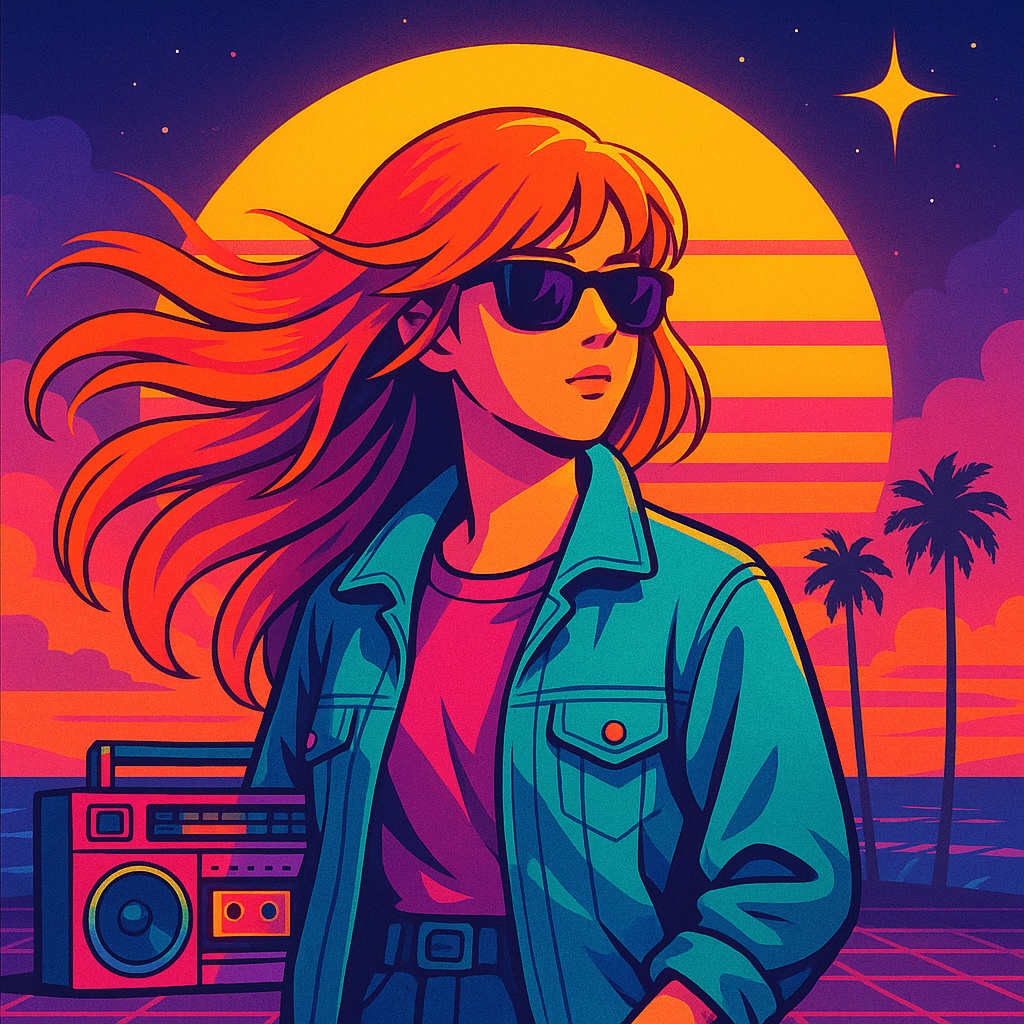 レトロフューチャー・シティポップイラストセット(ネオンサンセット&バーチャルフレンズ)