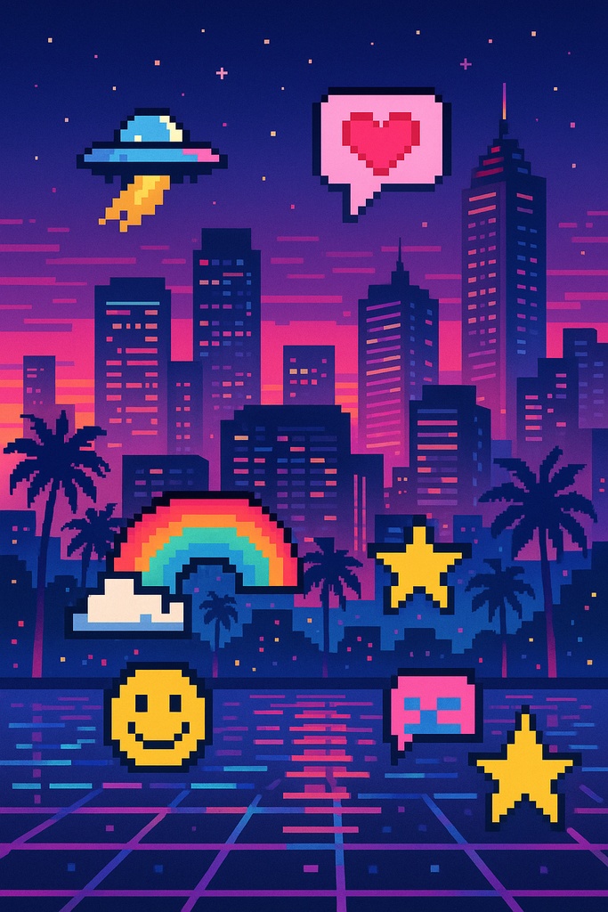 レトロフューチャー・シティポップイラストセット(ネオンサンセット&バーチャルフレンズ)