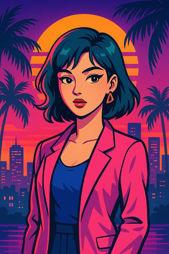 シティポップ＆レトロ都市ネオン素材セット｜80sアート・人物＆風景PNG