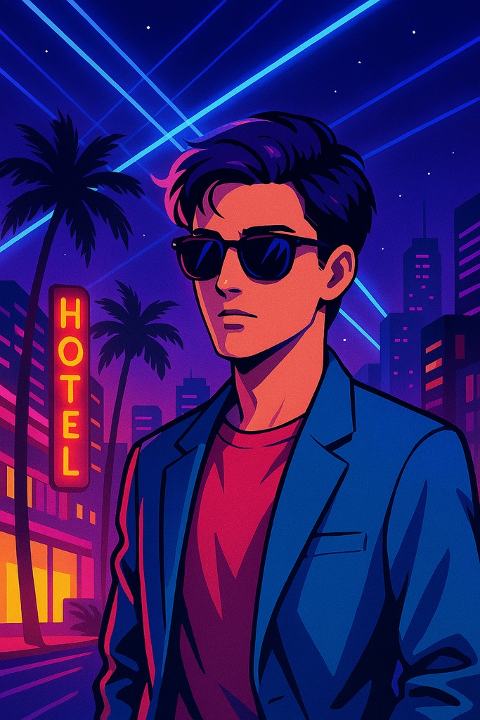 シティポップ&レトロ都市ネオン素材セット|80sアート・人物&風景PNG