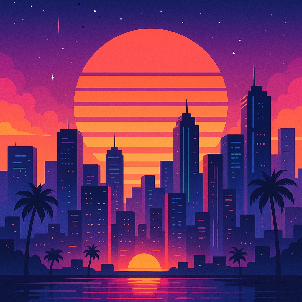 シティポップ&レトロ都市ネオン素材セット|80sアート・人物&風景PNG