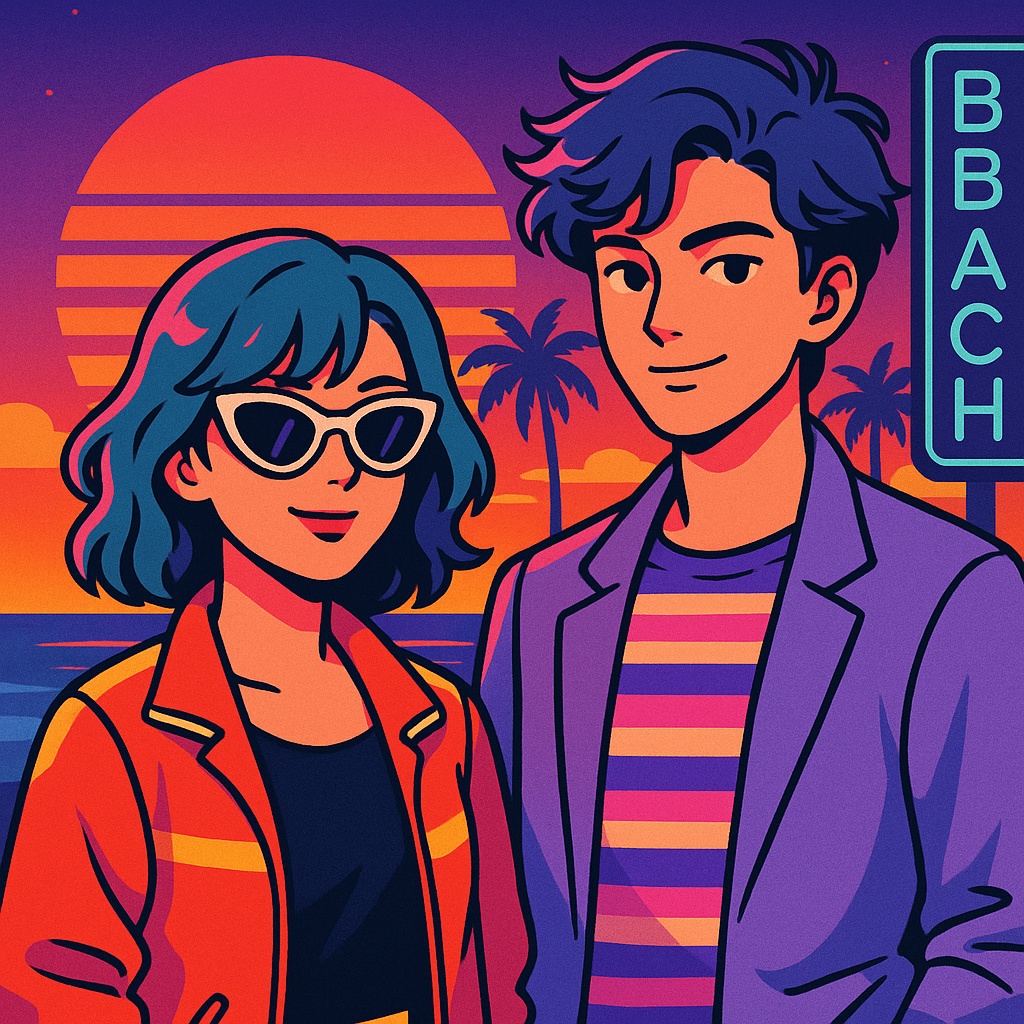 シティポップ&レトロ都市ネオン素材セット|80sアート・人物&風景PNG