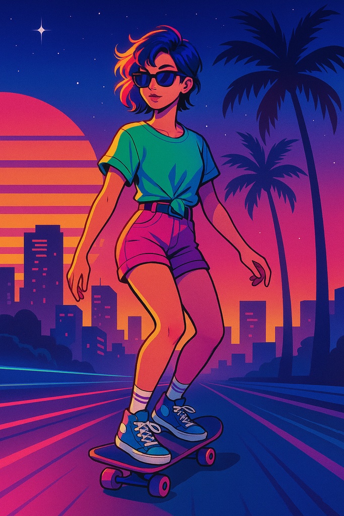 シティポップ&レトロ都市ネオン素材セット|80sアート・人物&風景PNG